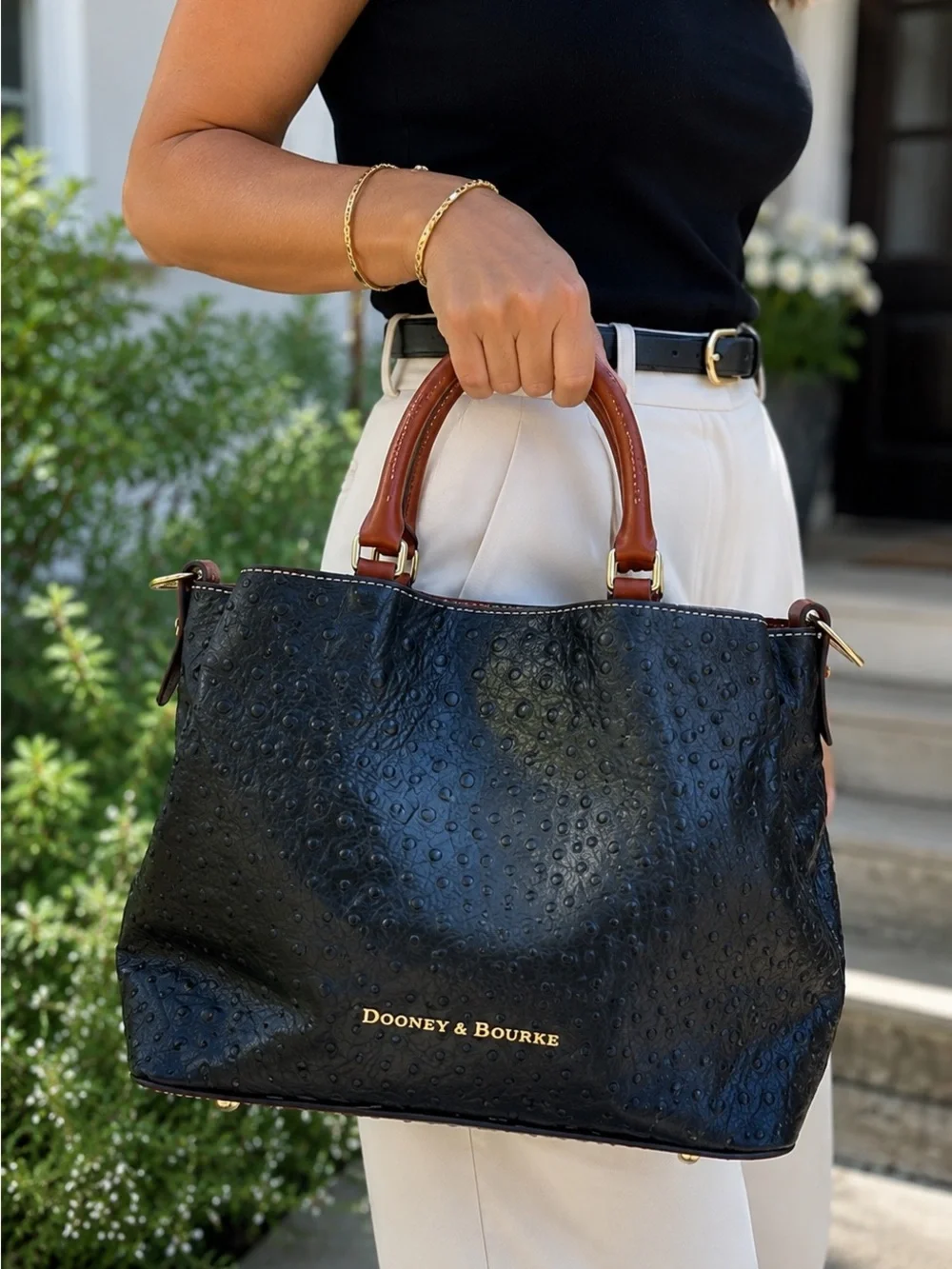 Dooney & Bourke Ostrich Embossed Leather Satchel Tote Black Brown M/L Bag